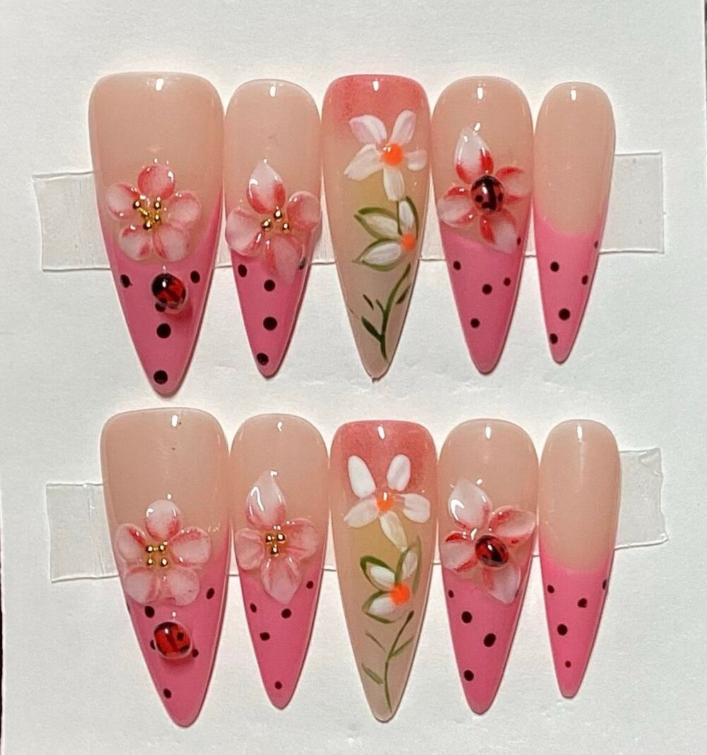 3D Flower Ladybug Polka Dot French Tip Stiletto Handmade Press On Nails M & L
